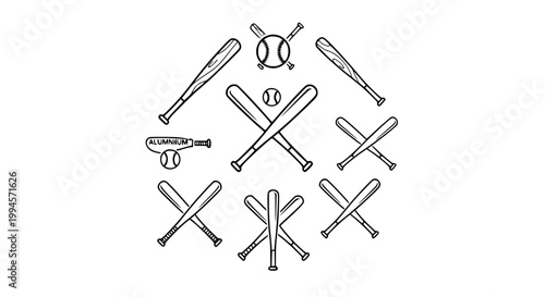Baseball bat sports icon collection vector illustration set with wooden and metal bat outline design