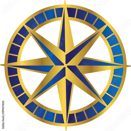 Mariners compass in gold and navy blue ysokated