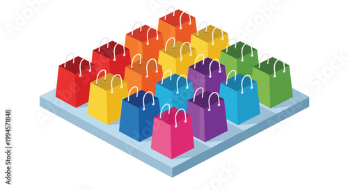 A perfectly organized isometric grid of colorful paper shopping bags in rainbow hues sits on a light blue platform against a clean white background in daylight.