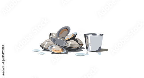 A small heap of fresh clams sits next to a polished metal dipping cup with scattered water droplets on a clean white surface under bright clinical light.