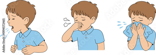 Boy coughing sneezing blowing nose set, sick child symptoms vector illustration collection