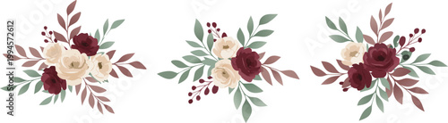 Watercolor floral arrangements in deep red and white hues for wedding or event decoration inspiration