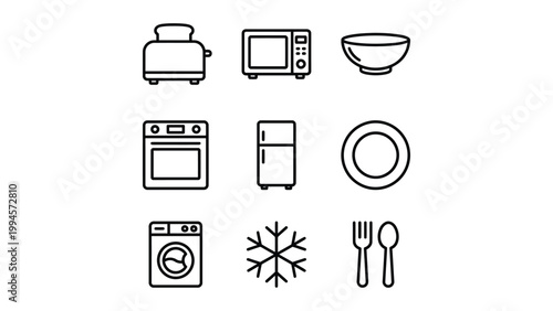 Kitchen appliance and utensil icons with washing machine hand drawn small appliance major appliance food preparation appliance microwave refrigerator snowflake collection illustration
