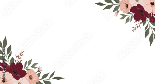 Floral corner border design with pink flowers and green leaves on white background