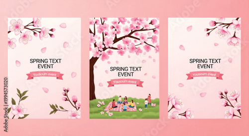 Cherry blossom spring event poster set, pink sakura floral flyer templates with picnic scene, blooming tree botanical vector illustrations isolated PNG with Transparent Background