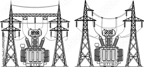 High Voltage Electrical Power Transmission Lines with Transformer Substation Infrastructure, Electricity Grid Distribution System