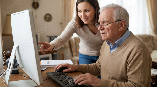 Woman helping senior man on computer