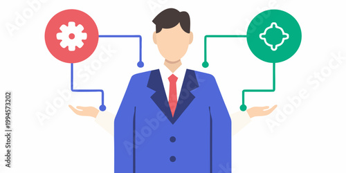 A businessman balancing work life with abstract symbols representing different aspects