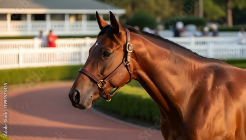 Profile of a powerful bay thoroughbred horse, a 2026 derby contender in the walking ring at the racetrack, showcasing elite equestrian competition for a horse racing concept