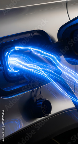 Electric car charging port with bright blue electricity flowing into vehicle.
