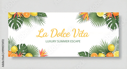 Tropical summer banner with La Dolce Vita text, luxury summer escape floral frame, exotic palm leaves and citrus fruit vector illustration isolated PNG with Transparent Background