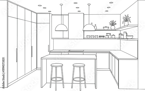 Vector illustration of modern kitchen interior with island, stools, cabinets and lights in architectural design