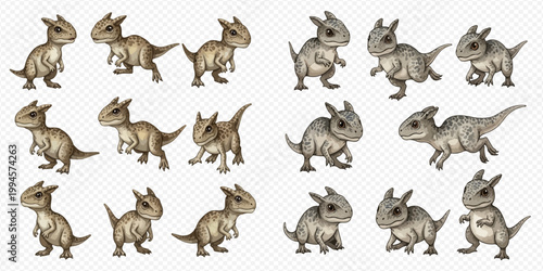 Cute baby dinosaur cartoon character set with various poses and expressions, perfect for children's designs and animations.