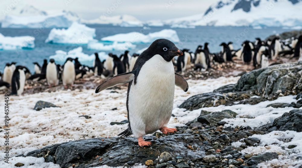 Obraz premium Close-up of Adélie penguin standing on rocky, snow-dusted ground with colony of other penguins and icebergs in blurred background, capturing harsh Antarctic environment and wildlife in its natural hab