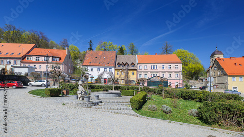 Srebrna Góra, Poland. Colorful houses and quiet square in a small town during bright daylight near a green forest