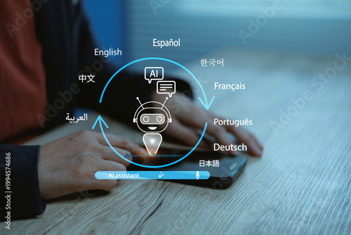 Man using smartphone with AI multilingual voice assistant, real time translation and global language support,Concept of chatbot technology, speech recognition and mobile communication