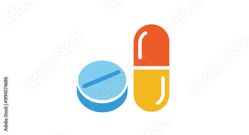 Illustration of pills and capsules against a white backdrop for medical and healthcare