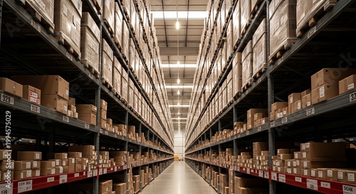 Large industrial warehouse interior with stacked cardboard boxes on shelves