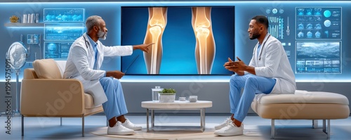Senior doctor reviewing knee x-ray with patient during orthopedic consultation in modern clinic