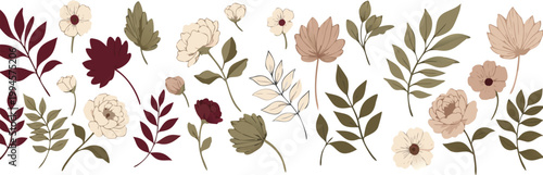 Watercolor illustration of pink and red flowers with green leaves on white background