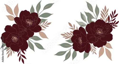 Three hanging floral arrangements with red and white flowers and green leaves on white background