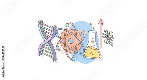 Depiction of Scientific Advancements: DNA, Atoms, and Laboratory Experiments