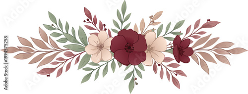 Two dark red roses with green and beige leaves on white background