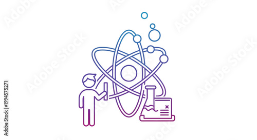 Illustration depicting atom, science, laboratory, experiment, and researcher against white backdrop