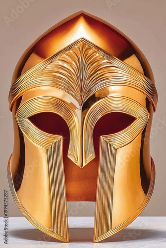 Golden Greek-style warrior helmet with ornate classical design evoking ancient strength and power