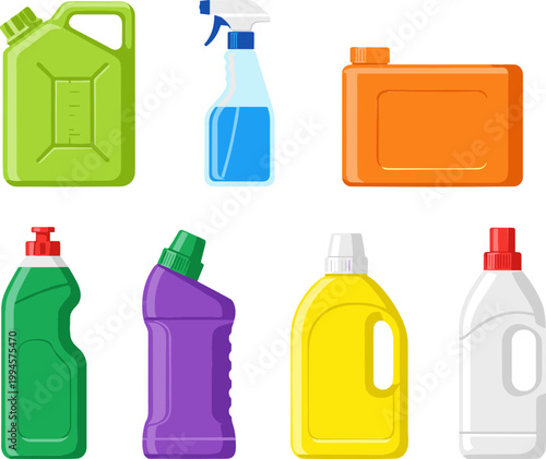 Household cleaning products collection with bottles, spray and containers, hygiene supplies set for home maintenance, sanitation and domestic chores flat vector illustration