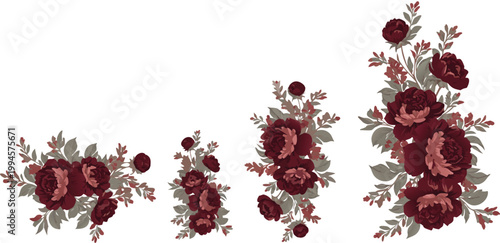 Four dark red flower wreaths with leaves and berries on white background