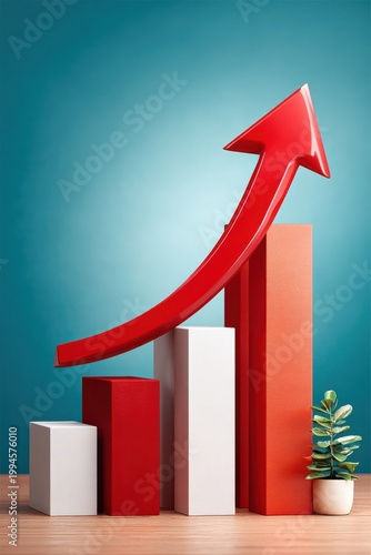 Red arrow rising over upward trending bar graph symbolizing business growth and financial success