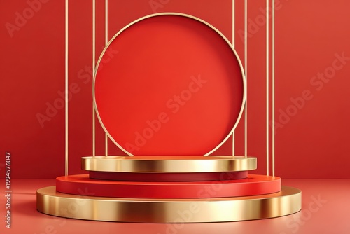 Red circular podium with gold edges on minimalist 3D stage for luxury product display