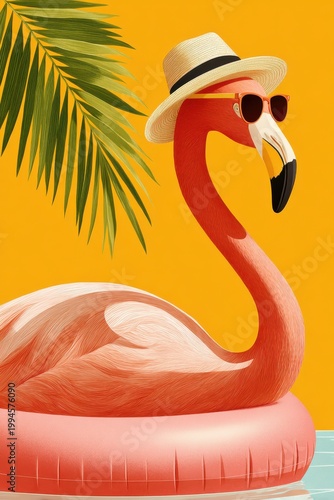 Stylish pink flamingo wearing sunglasses and a straw hat on a pool float in summer
