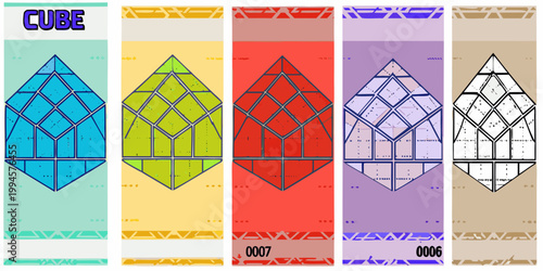 A series of colorful geometric cube patterns displayed vertically