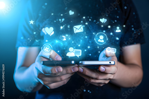 Digital Connections: A person's hands delicately cradle two smartphones, surrounded by a vibrant display of interconnected digital symbols, which represents the dynamic world of online communication.