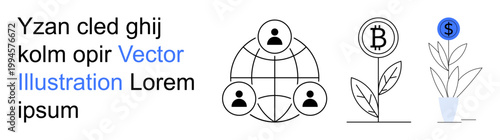 Global connectivity, cryptocurrency, digital economy, financial growth, teamwork, sustainability. People interconnected on a globe, and plants growing coins. Cryptocurrency and financial growth ion