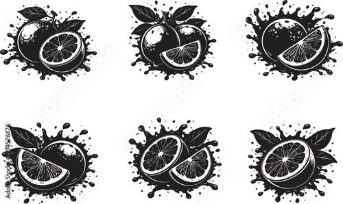 Black and white lemon illustration set featuring citrus fruits, slices, juice glass and basket. Minimal monochrome vector design ideal for food branding, packaging, menu and organic product visuals.