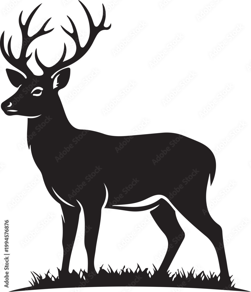 Obraz premium deer, stag, buck, antler, silhouette, vector, illustration, wildlife, animal, forest, nature, hunting, trophy, elk, forest, wilderness, isolated, black, white, icon, logo, sign, symbol, simple, minima