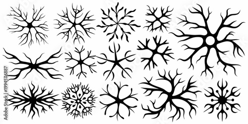 Collection of abstract branching shapes resembling roots or neural networks