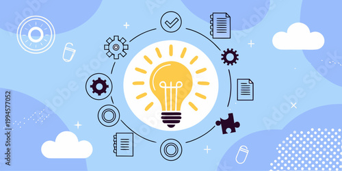 A bright idea surrounded by icons representing innovation and problem solving