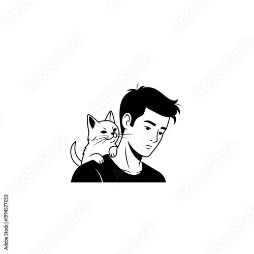 Man with cat on his shoulder.