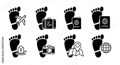 Footprints with travel icons and symbols.