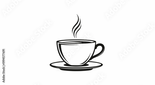 Steaming Coffee Cup Icon: Black and White Minimalist Vector Art