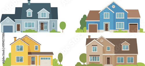 Residential houses set illustration, suburban homes collection architecture vector design background