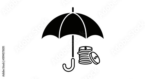 Umbrella protecting stack of coins, financial security and protection concept