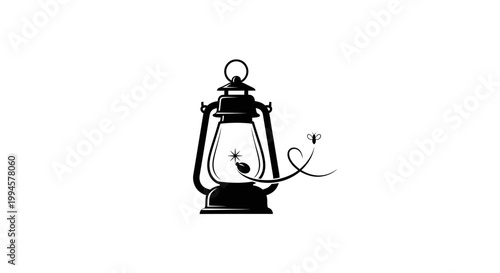 Vintage Lantern Silhouette with Firefly Attracted to Light