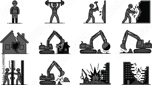 Construction worker icons set, demolition activities, heavy machinery operations, safety helmet labor, industrial work scenes, building destruction, engineering vector illustration, workforce concept