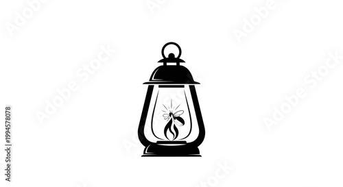 Vintage Oil Lantern with Flame, Black Silhouette on White Background