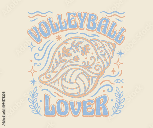 Vintage Volleyball Lover T-Shirt Design - Retro Beach Summer Sports Typography with Floral Wave Illustration - Aesthetic Volleyball Graphic